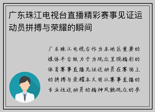 广东珠江电视台直播精彩赛事见证运动员拼搏与荣耀的瞬间